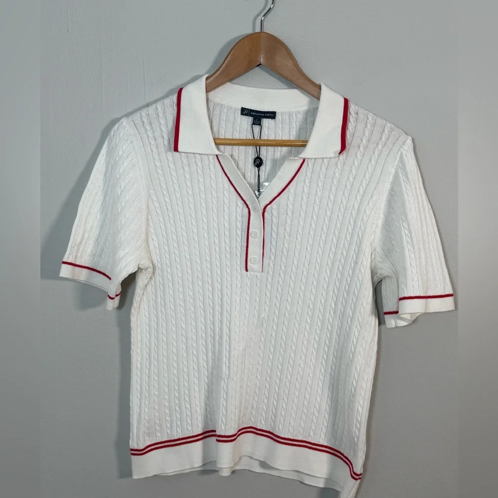 Adrianna Papell Cable Knit Polo Collar Top White Red Trim Size L NWT - Picture 2 of 6